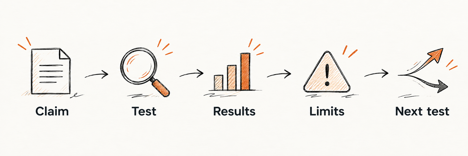 Claim → Test → Results → Limits → Next test.