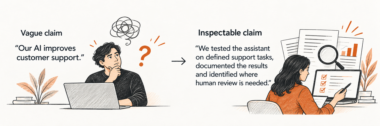 Vague claim: “Our AI improves customer support.” Inspectable claim: “We tested the assistant on defined support tasks, documented the results and identified where human review is needed.”